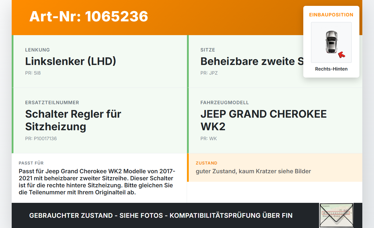 Jeep Grand Cherokee WK2 17-21 Schalter Regler für Sitzheizung Rechts Hinten Jeep Grand Cherokee WK2 17-21... Vorschau 3