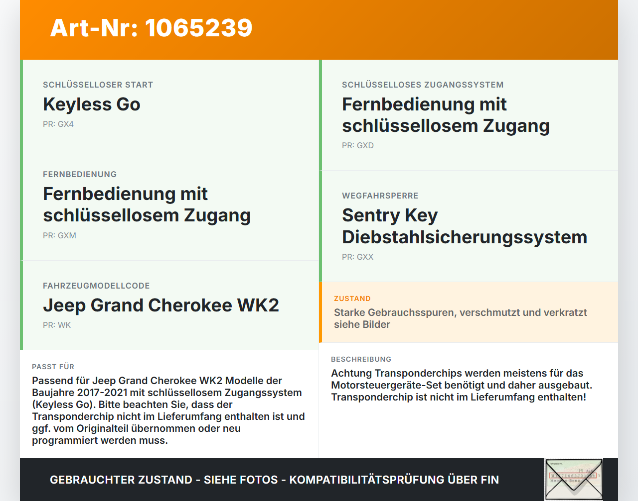 Jeep Grand Cherokee WK2 17-21 Fernbedienung Funk Funkschlüssel Jeep Grand Cherokee WK2 17-21 16.09.2016 gebraucht Vorschau 3