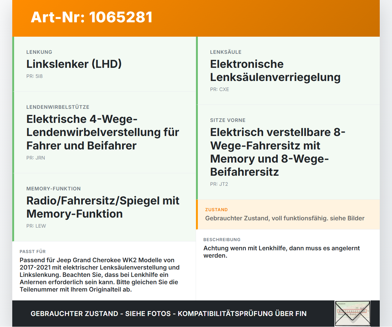 Jeep Grand Cherokee WK2 17-21 Höhenverstellung für Lenksäule Elektr. Jeep Grand Cherokee WK2 17-21 16.09.2016... Vorschau 3
