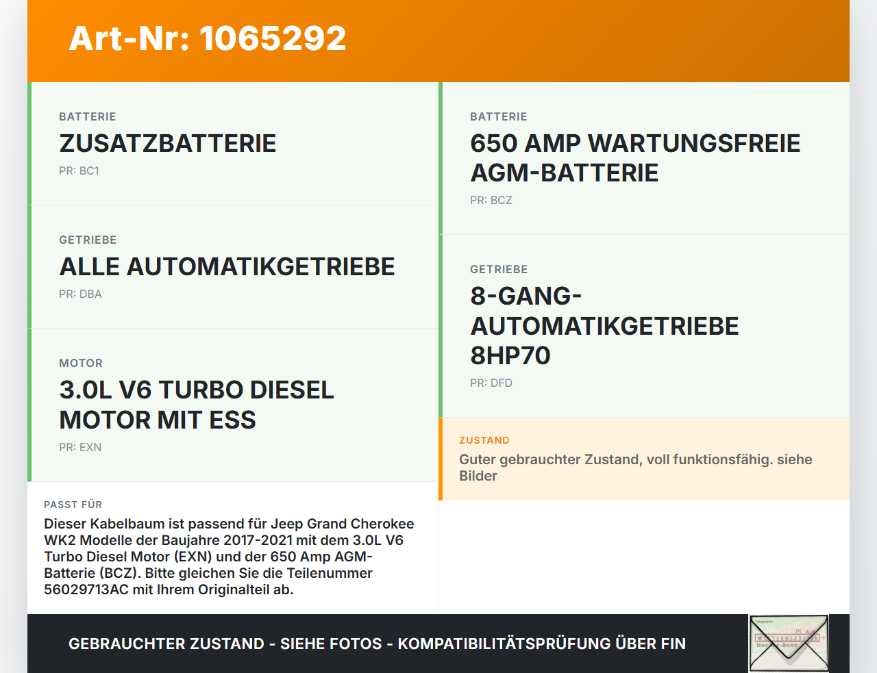 Jeep Grand Cherokee WK2 17-21 Kabelbaum für Batterie Minus Jeep Grand Cherokee WK2 17-21 16.09.2016 P68148556AC... Vorschau 3