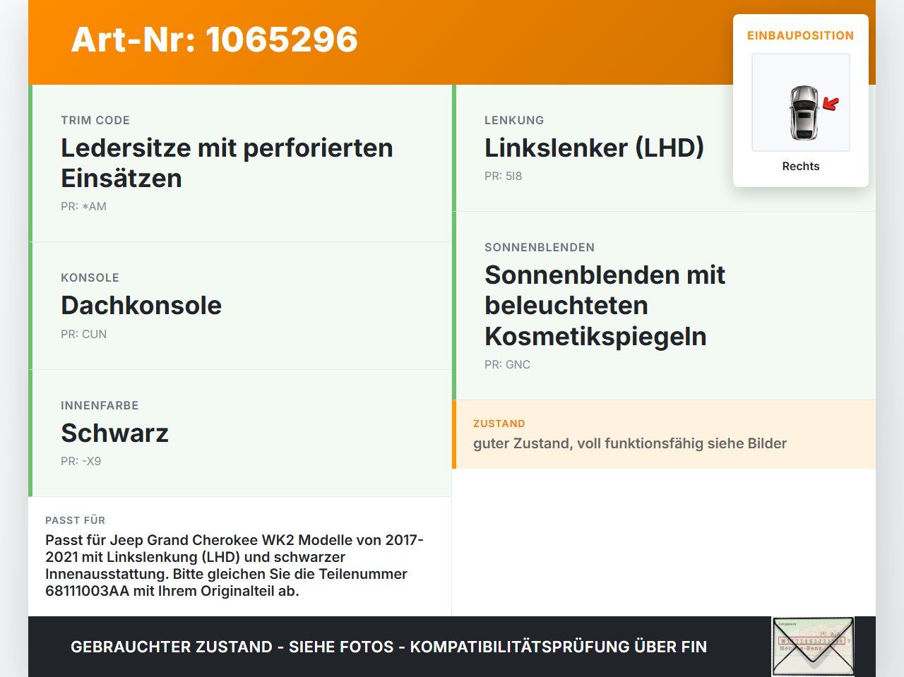 Jeep Grand Cherokee WK2 17-21 Sonnenblende Rechts für Beifahrer Jeep Grand Cherokee WK2 17-21 16.09.2016 68111003AA... Vorschau 3