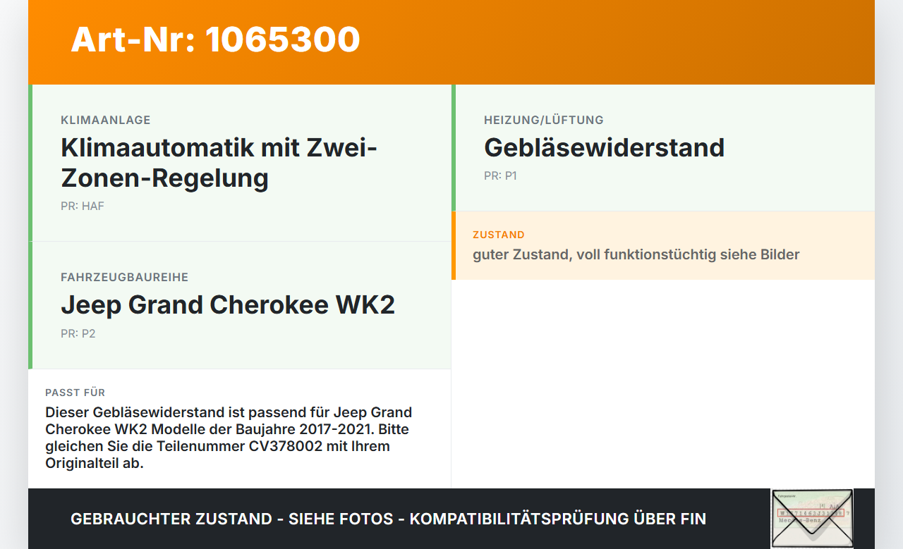 Jeep Grand Cherokee WK2 17-21 Widerstand Gebläse Lüfter Jeep Grand Cherokee WK2 17-21 16.09.2016 5HL011266-07 gebraucht Vorschau 3