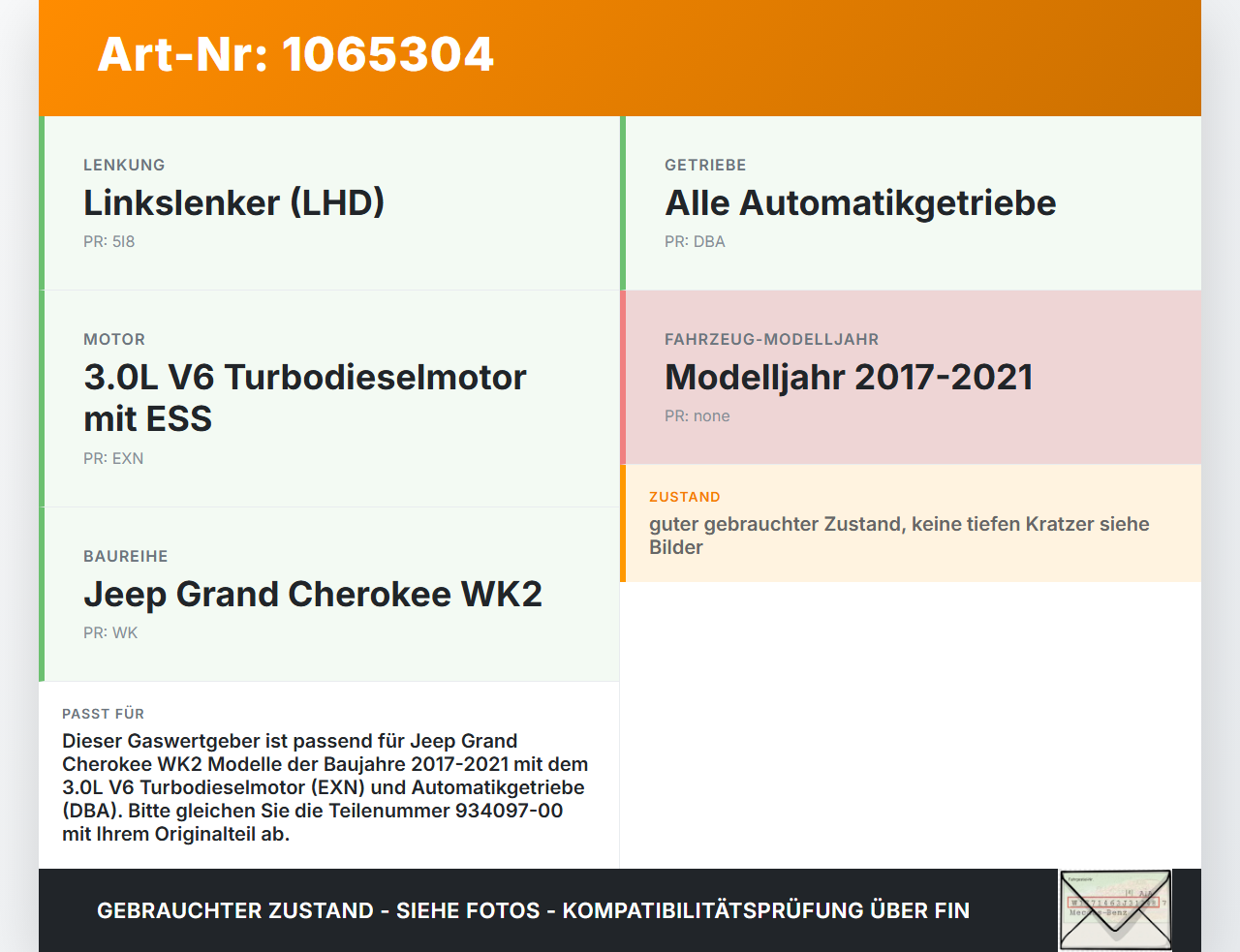 Jeep Grand Cherokee WK2 17-21 3,0d 184KW Gaswertgeber Gaspedal Jeep Grand Cherokee WK2 17-21 16.09.2016 52124785AF... Vorschau 3