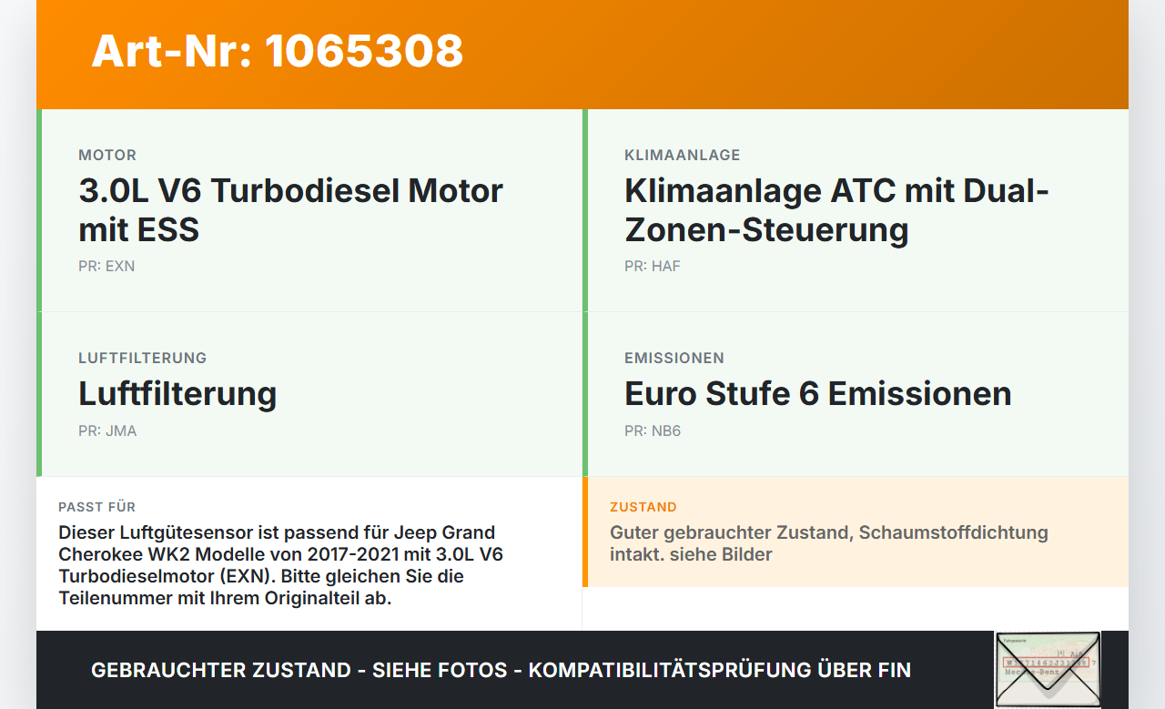 Jeep Grand Cherokee WK2 17-21 3,0d 184KW Sensor Luftgütesensor Jeep Grand Cherokee WK2 17-21 16.09.2016 178ACA gebraucht Vorschau 3