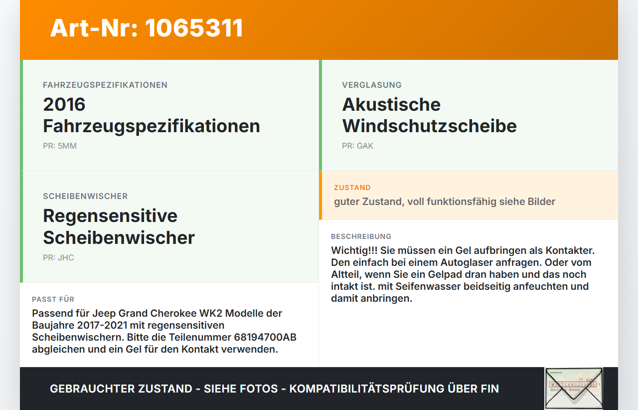 Jeep Grand Cherokee WK2 17-21 Regensensor Jeep Grand Cherokee WK2 17-21 16.09.2016 68194700AB 10085254 gebraucht Vorschau 3