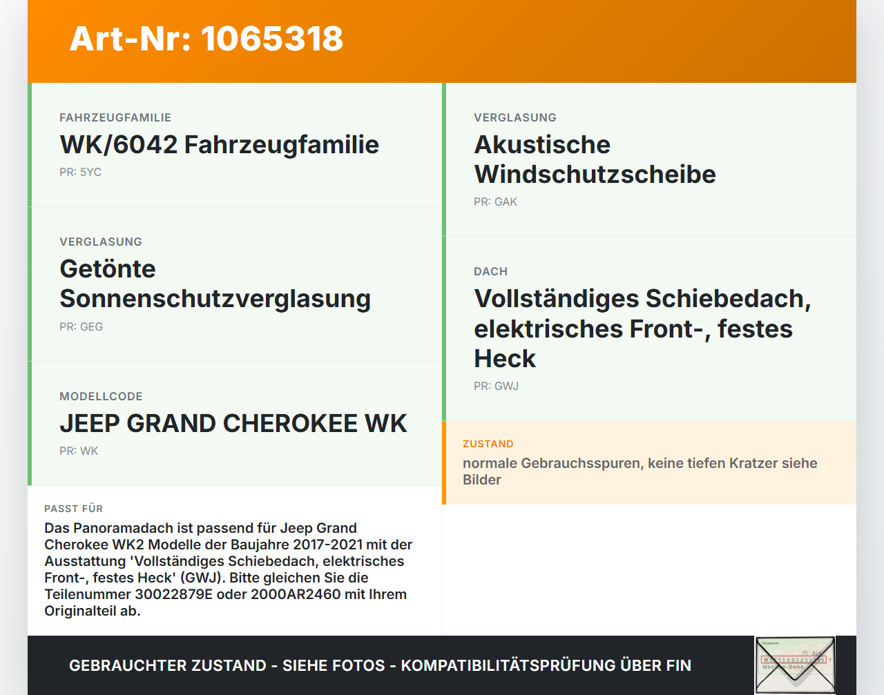 Jeep Grand Cherokee WK2 17-21 Panoramadach Jeep Grand Cherokee WK2 17-21 16.09.2016 30022879E 2000AR2460 gebraucht Vorschau 3