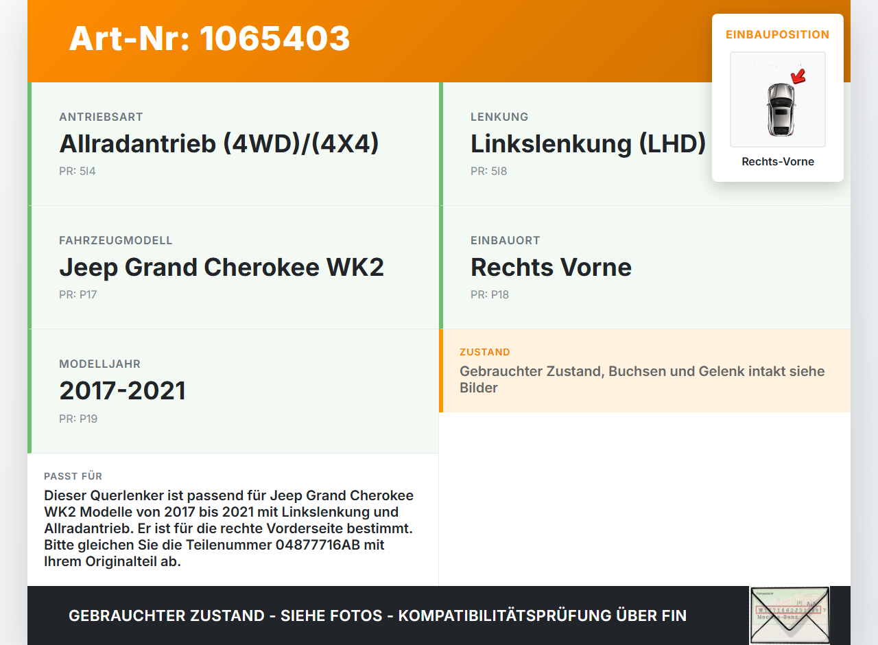 Jeep Grand Cherokee WK2 17-21 Querlenker  Rechts Vorne Jeep Grand Cherokee WK2 17-21 16.09.2016 04877716AB gebraucht Vorschau 3