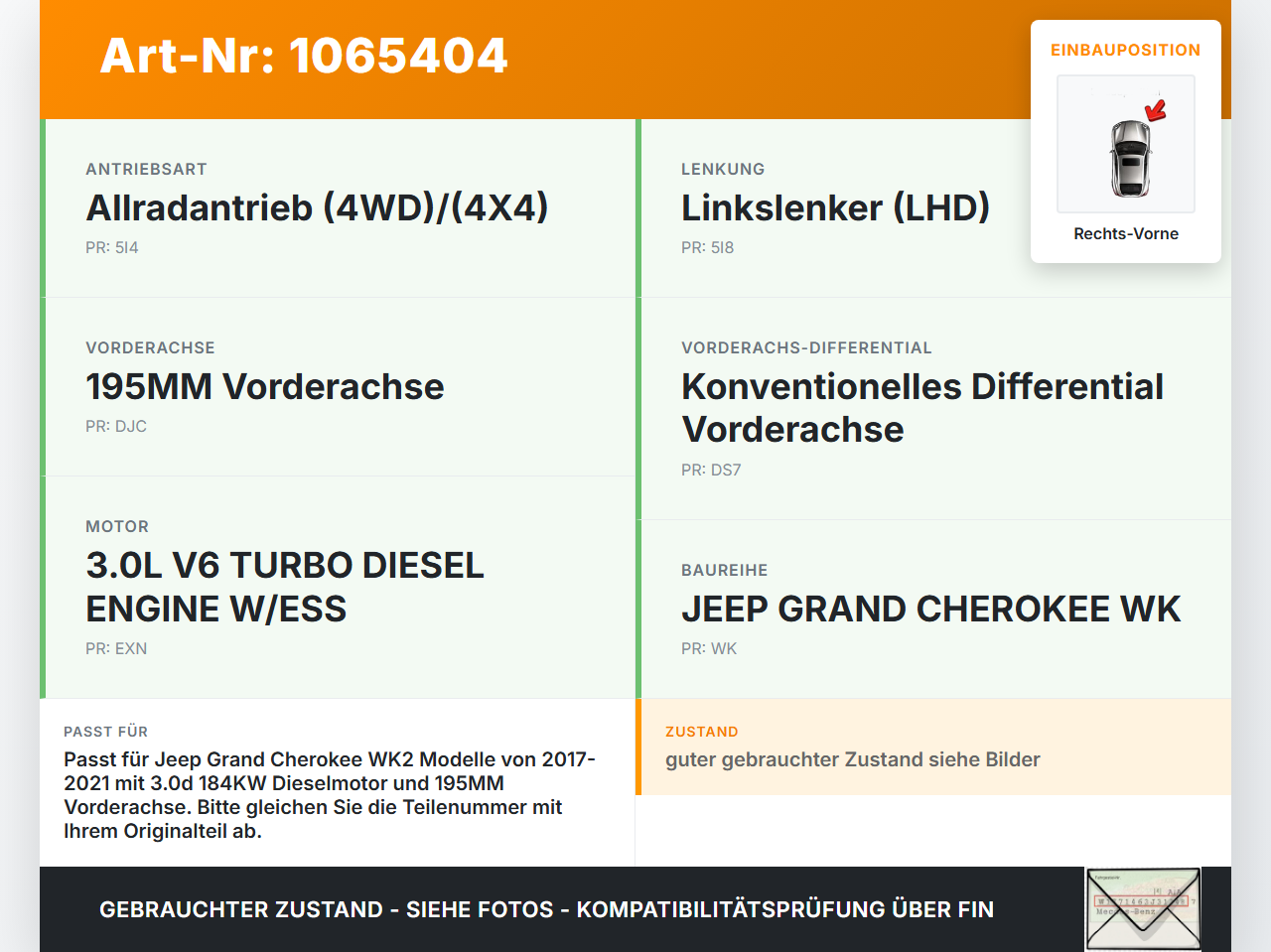 Jeep Grand Cherokee WK2 17-21 3,0d 184KW Achsschenkel Radnabe Rechts Vorne Jeep Grand Cherokee WK2 17-21 16.09.2016... Vorschau 3