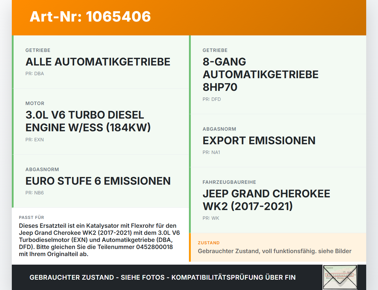 Jeep Grand Cherokee WK2 17-21 3,0d 184KW Katalysator Kat Flexrohr Jeep Grand Cherokee WK2 17-21 16.09.2016... Vorschau 3