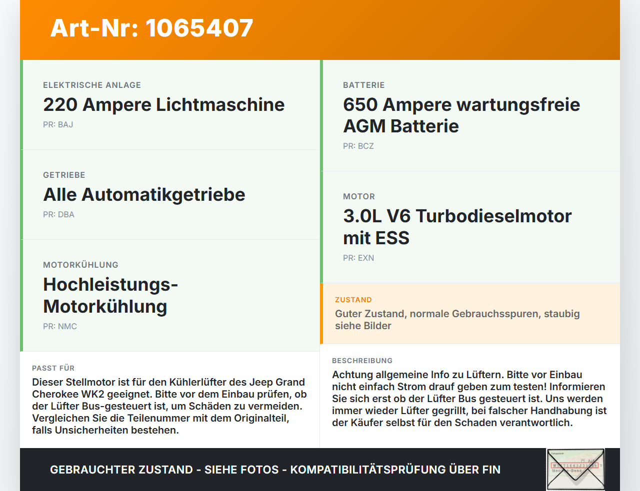 Jeep Grand Cherokee WK2 17-21 3,0d 184KW Stellmotor Actuator Lüfter Ventilator f. Kühler Jeep Grand Cherokee WK2... Vorschau 3