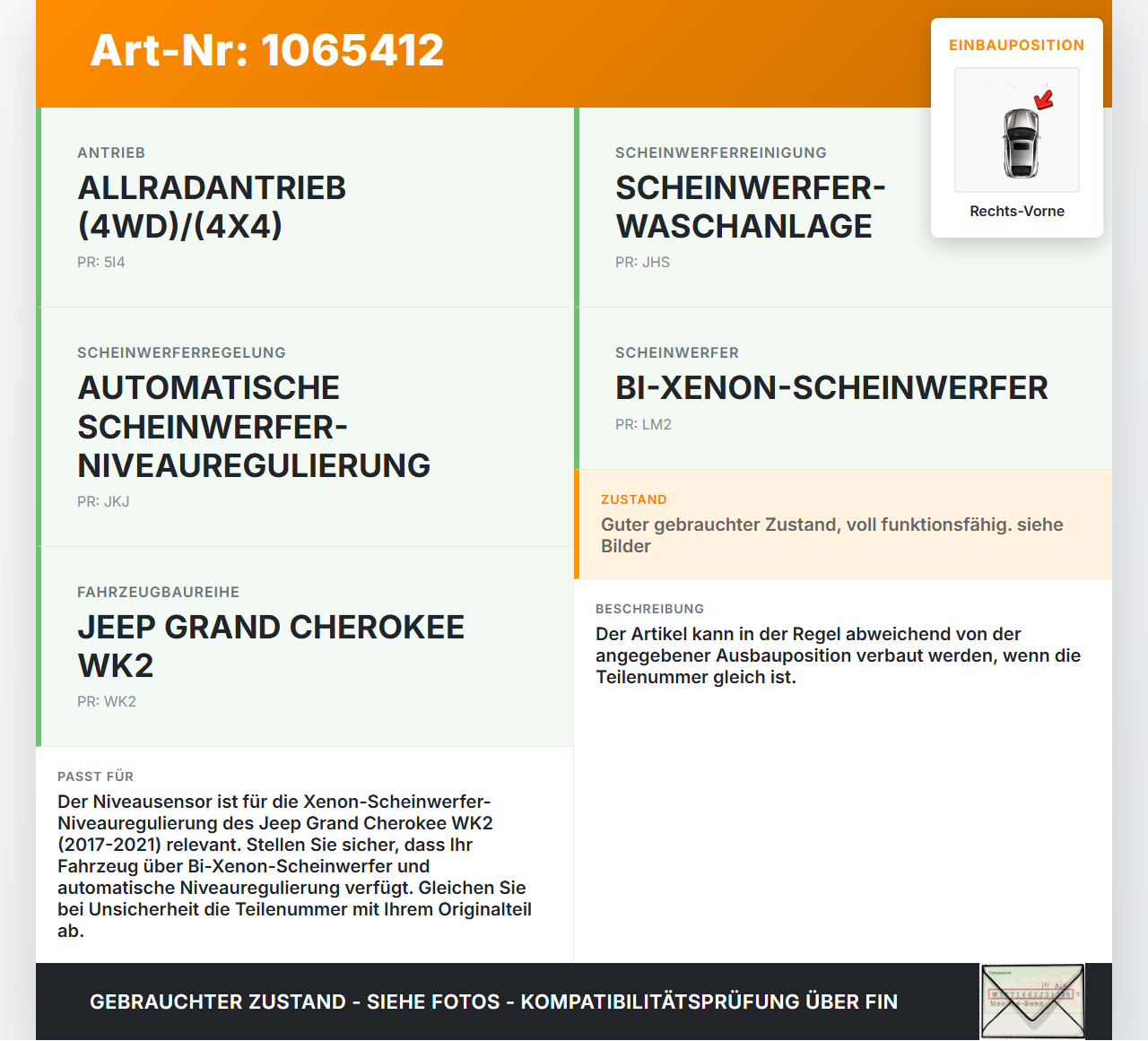 Jeep Grand Cherokee WK2 17-21 Niveausensor Xenon LWR Sensor Neigung Vorne Rechts Jeep Grand Cherokee WK2 17-21... Vorschau 3