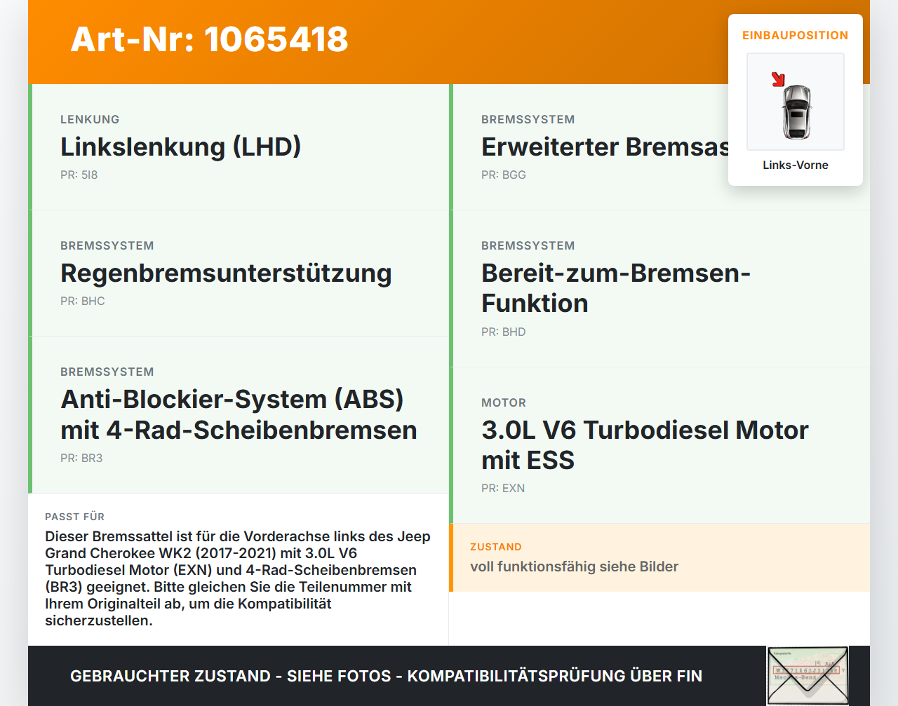 Jeep Grand Cherokee WK2 17-21 3,0d 184KW Bremssattel Bremszange Vorne Links Jeep Grand Cherokee WK2 17-21... Vorschau 3