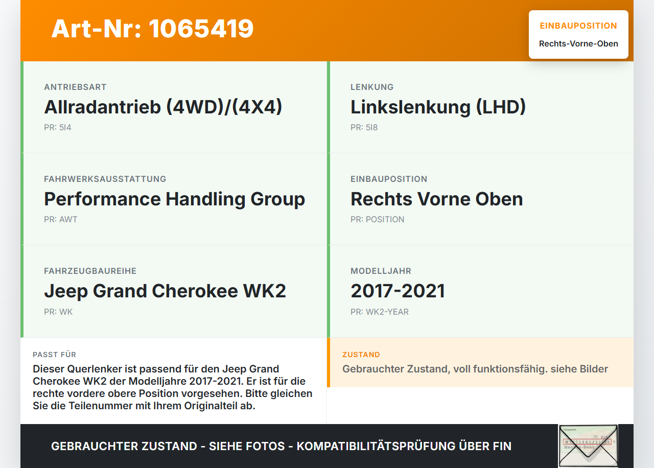 Jeep Grand Cherokee WK2 17-21 Querlenker Rechts Vorne Oben Jeep Grand Cherokee WK2 17-21 16.09.2016... Vorschau 3