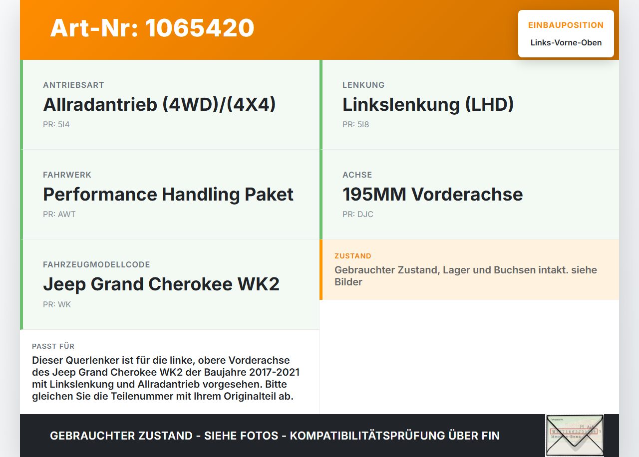 Jeep Grand Cherokee WK2 17-21 Querlenker Links Vorne Oben Jeep Grand Cherokee WK2 17-21 16.09.2016 gebraucht Vorschau 3
