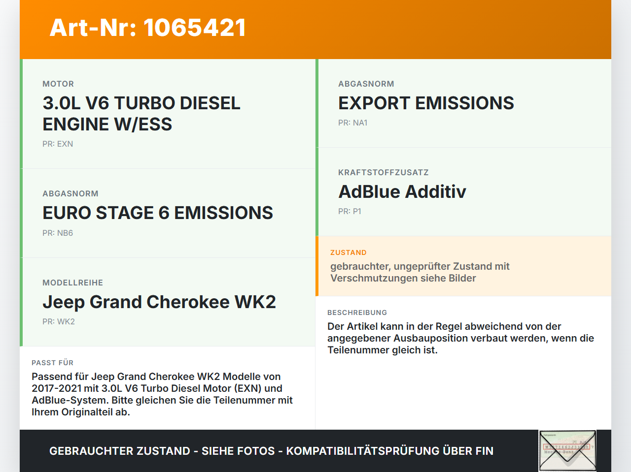 Jeep Grand Cherokee WK2 17-21 3,0d 184KW Injektor Einspritzdüse für Additiv AdBlue Jeep Grand Cherokee WK2 17-21... Vorschau 3
