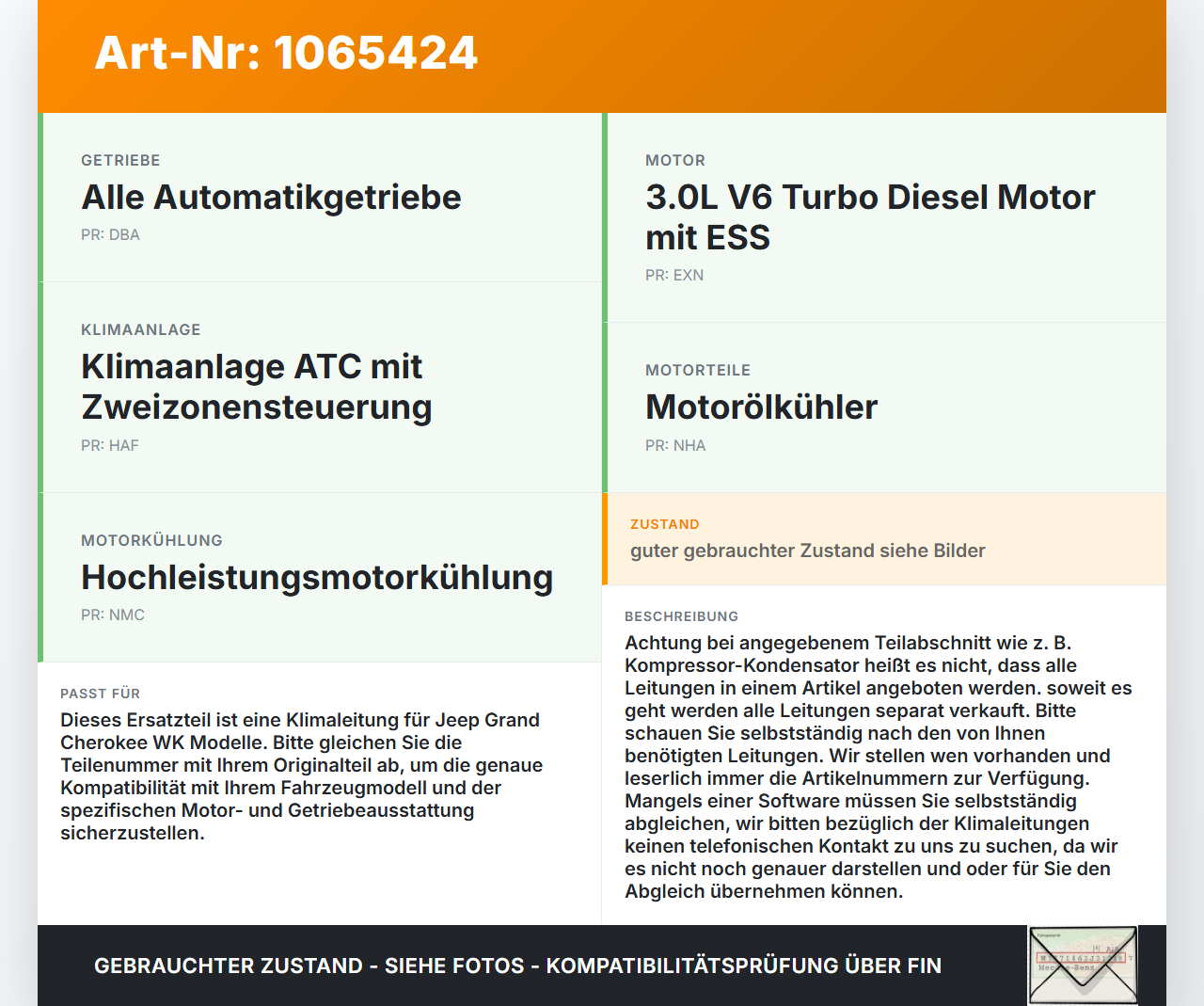 Jeep Grand Cherokee WK2 17-21 3,0d 184KW Klimaleitung Klimaschlauch Klimarohr AC Leitung Schlauch Jeep Grand... Vorschau 3