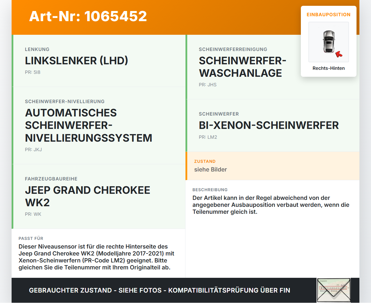 Jeep Grand Cherokee WK2 17-21 Niveausensor Xenon LWR Sensor Neigung Rechts Hinten Jeep Grand Cherokee WK2 17-21... Vorschau 3