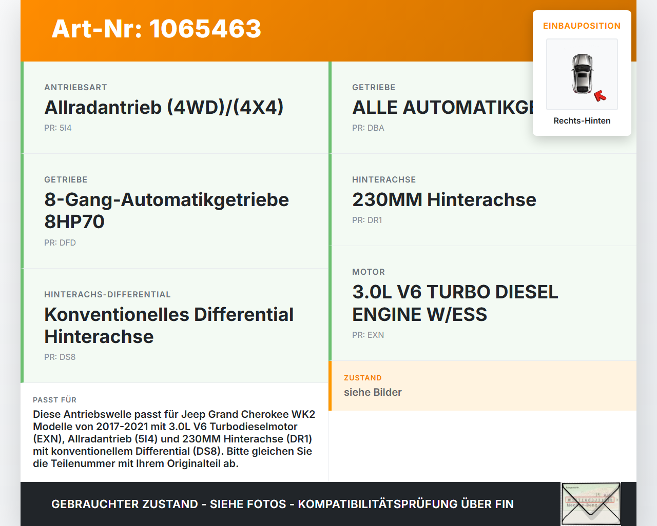 Jeep Grand Cherokee WK2 17-21  3,0d 184KW 4WD Antriebswelle Gelenkwelle Rechts Hinten Jeep Grand Cherokee WK2 17-21... Vorschau 3