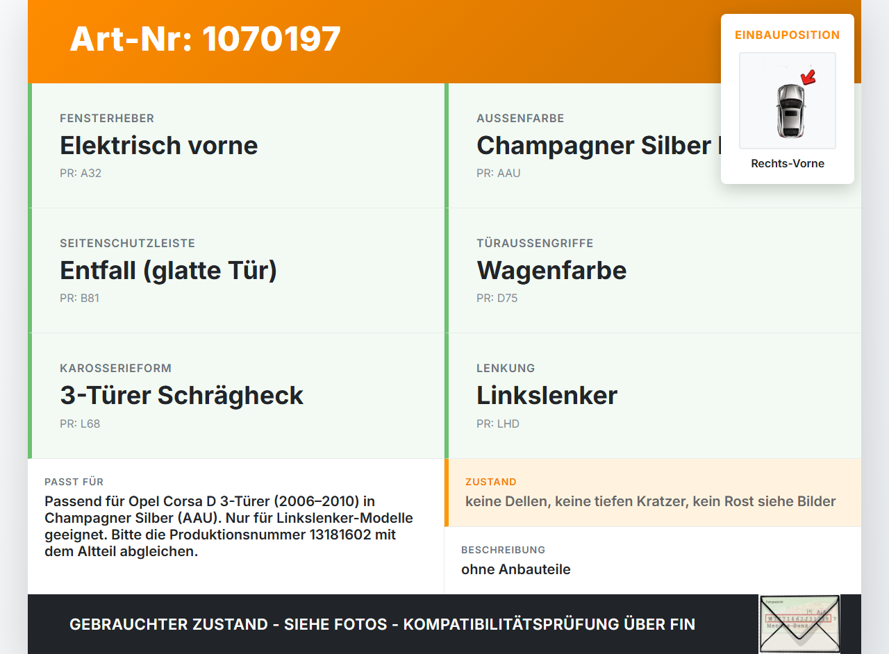 Opel Corsa D 06-10 3 Türer Tür Beifahrertür Rechts Vorne AAU Opel Corsa D 06-10 07.11.2008 93189329 gebraucht Vorschau 3