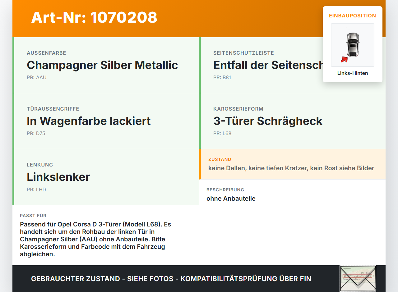 Opel Corsa D 06-10 3 Türer Tür Links Hinten AAU Opel Corsa D 06-10 07.11.2008 93189342 gebraucht Vorschau 3