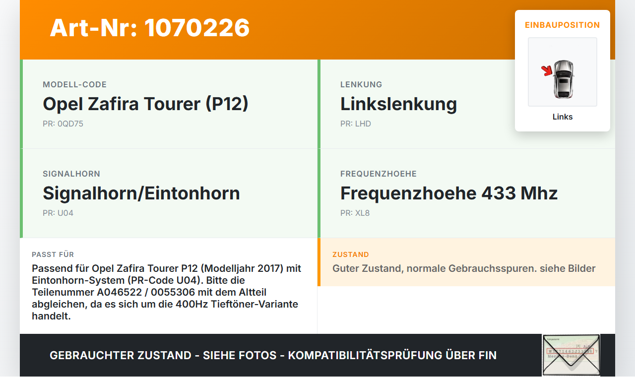 Opel Zafira Tourer P12 16-19 Hupe Signalhorn Tieftöner Links Opel Zafira Tourer P12 16-19 20.12.2016 13409131... Vorschau 3
