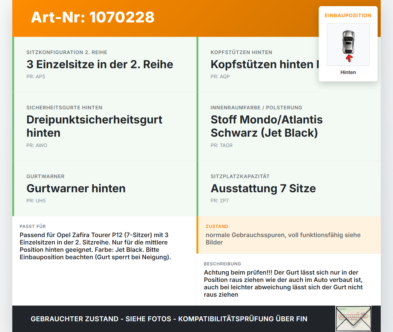Opel Zafira Tourer P12 16-19 Mehrzweckfahrzeug Gurt Sicherheitsgurt Mitte Hinten Opel Zafira Tourer P12 16-19... Vorschau 3