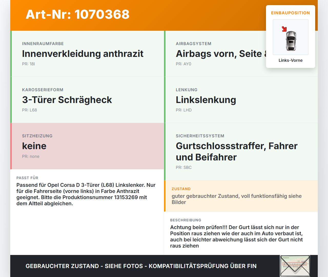 Opel Corsa D 06-10 3 Türer Gurt Sicherheitsgurt m. Gurtstraffer für Fahrer Links Vorne Opel Corsa D 06-10... Vorschau 3