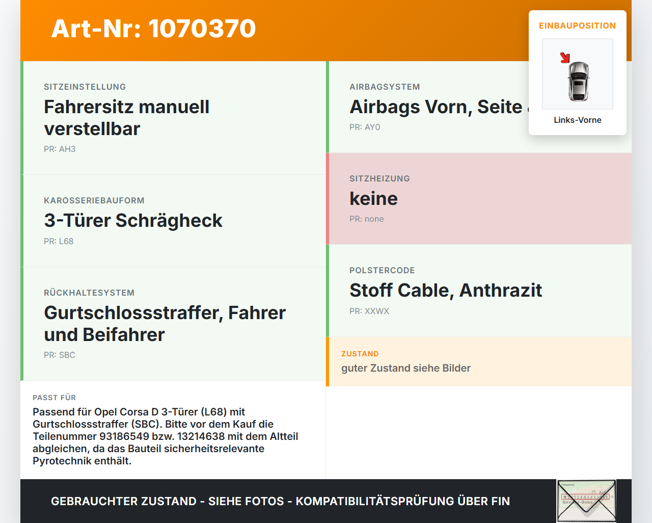Opel Corsa D 06-10 3 Türer Gurtstraffer Gurtschloss Fahrer Links Vorne Aussenseite Opel Corsa D 06-10 07.11.2008... Vorschau 3