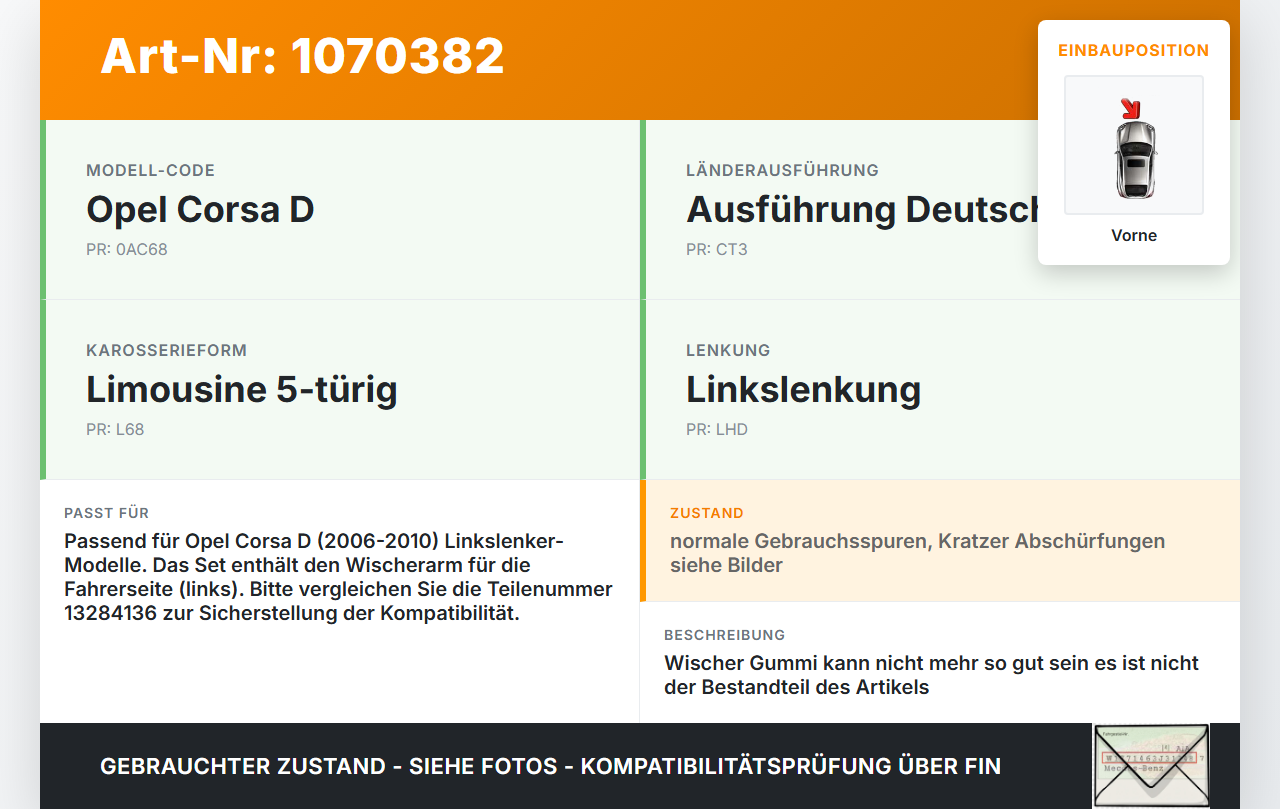 Opel Corsa D 06-10 2x Scheibenwischer Wischarm Vorne Opel Corsa D 06-10 07.11.2008 13182325 gebraucht Vorschau 3