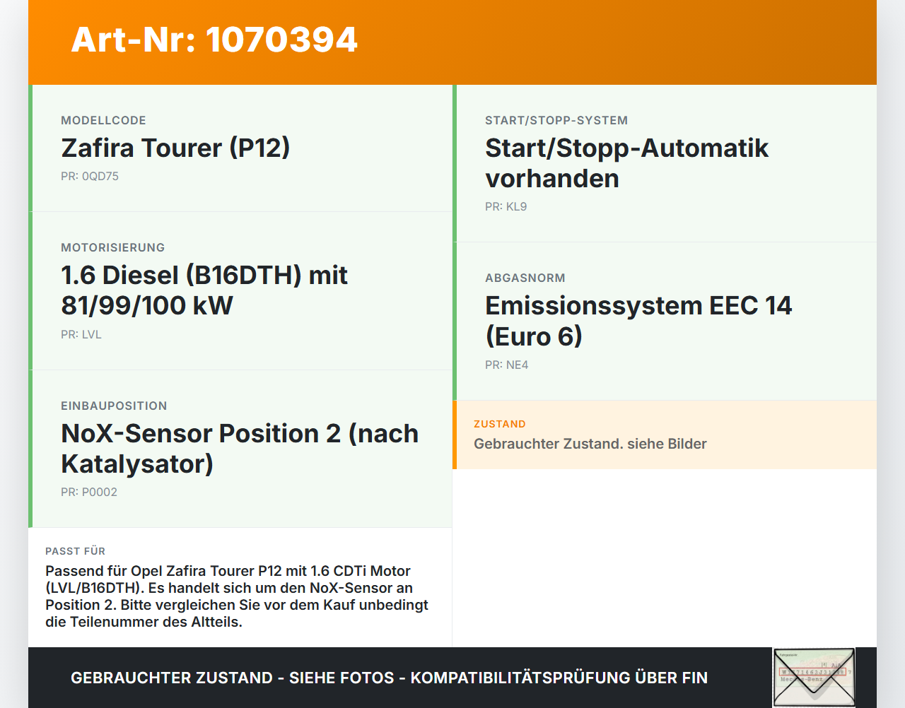 Opel Zafira Tourer P12 16-19 TDI 1,6 119KW Lambdasonde NoX Sensor Opel Zafira Tourer P12 16-19 20.12.2016 55485442... Vorschau 3