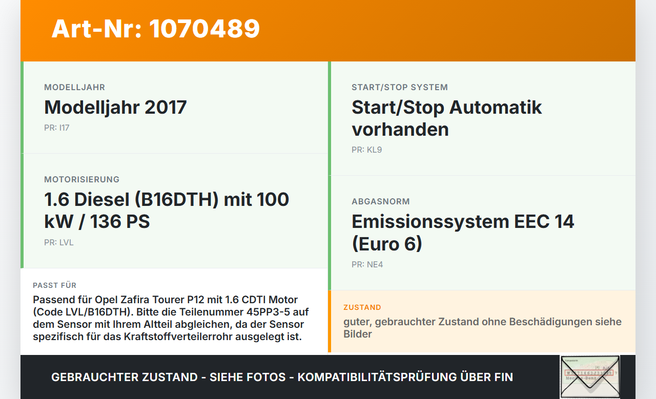 Opel Zafira Tourer P12 16-19 TDI 1,6 119KW Railsensor Drucksensor Opel Zafira Tourer P12 16-19 20.12.2016 55571602... Vorschau 3
