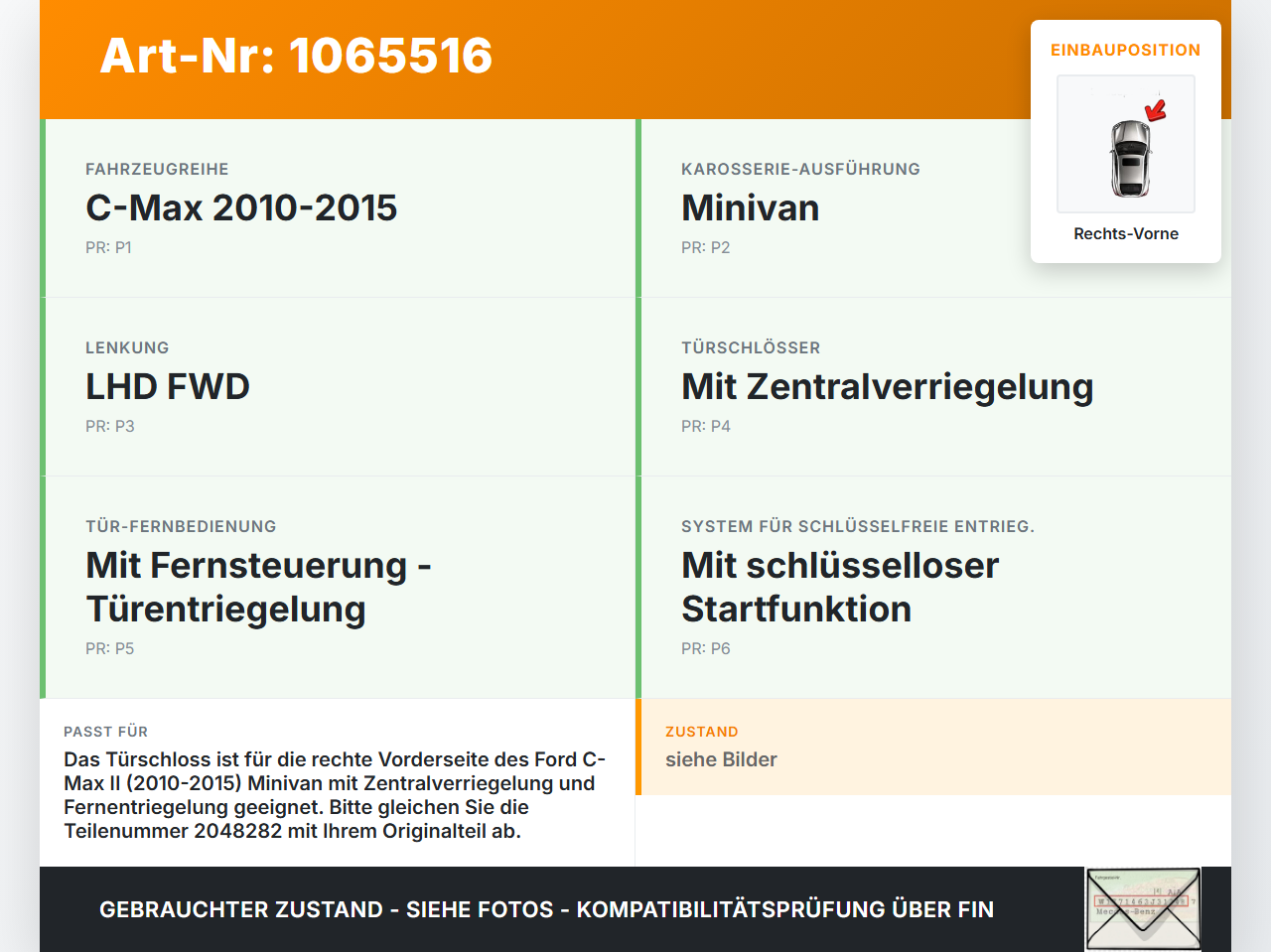 Ford C-max II 10-15 Türschloss m. ZV Stellmotor Rechts Vorne Ford C-max II 10-15 13.02.2012 AM5A-U21812-BB gebraucht Vorschau 3