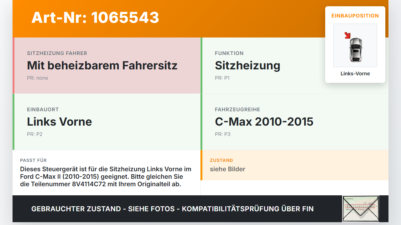 Ford C-max II 10-15 Steuergerät SG ECU für Sitzheizung Links Vorne Ford C-max II 10-15 13.02.2012 11002298C gebraucht Vorschau 3