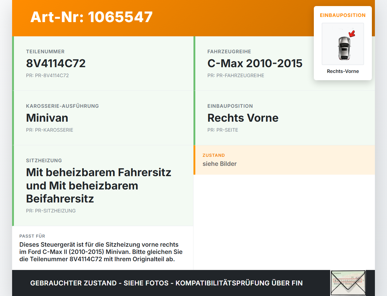 Ford C-max II 10-15 Steuergerät SG ECU für Sitzheizung Rechts Vorne Ford C-max II 10-15 13.02.2012 11002298C gebraucht Vorschau 3