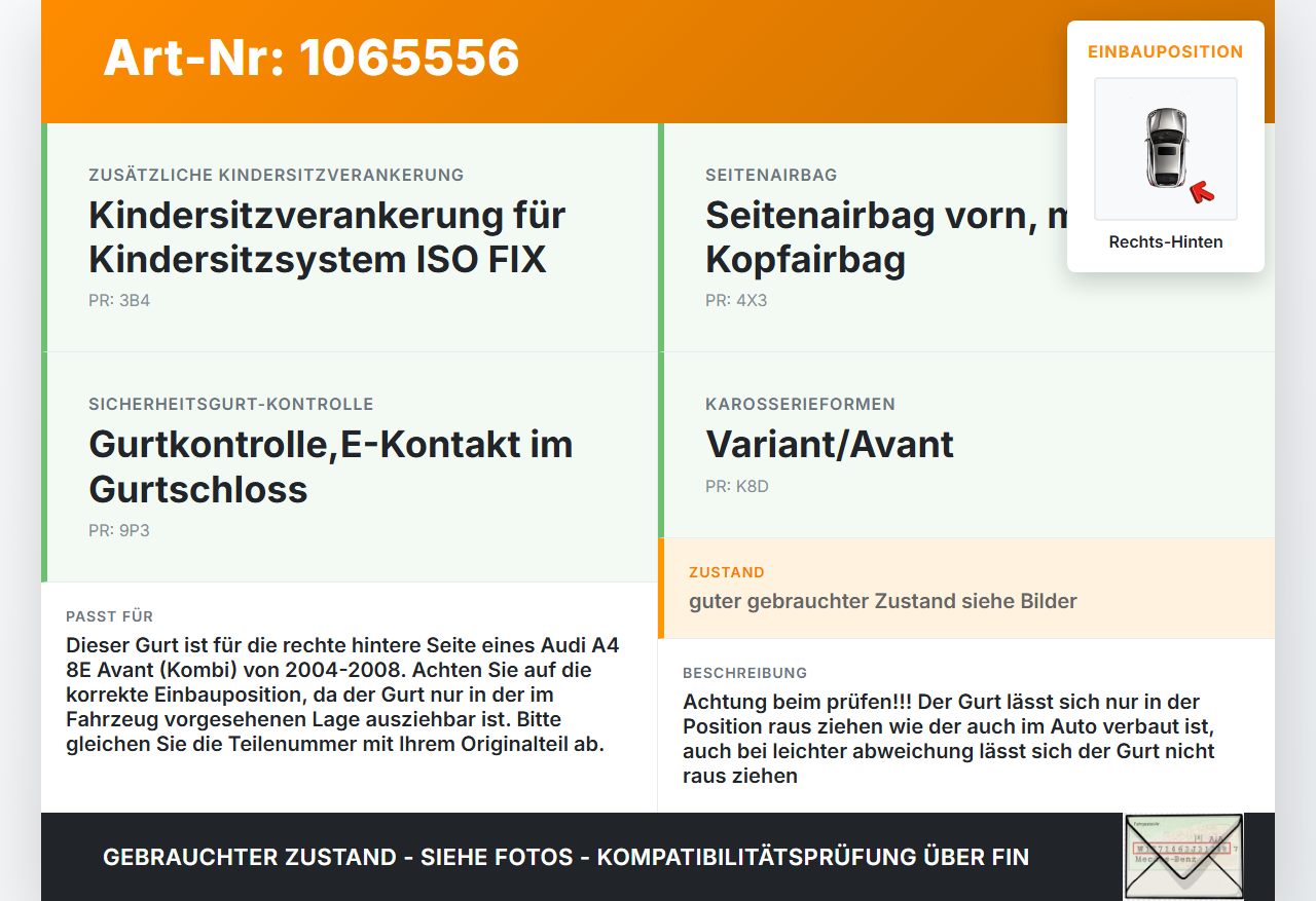 Audi A4 8E 04-08 Kombi Gurt Sicherheitsgurt Rechts Hinten Audi A4 8E 04-08 12.09.2005 8E5857805D 602876300 gebraucht Vorschau 3