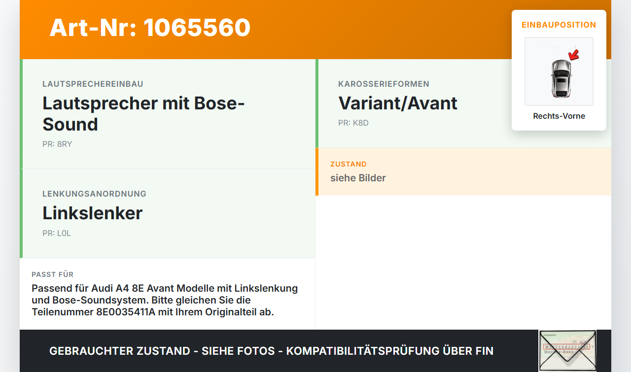 Audi A4 8E 04-08 Lautsprecher Rechts Vorne Audi A4 8E 04-08 12.09.2005 8E0035411A 355021 gebraucht Vorschau 3