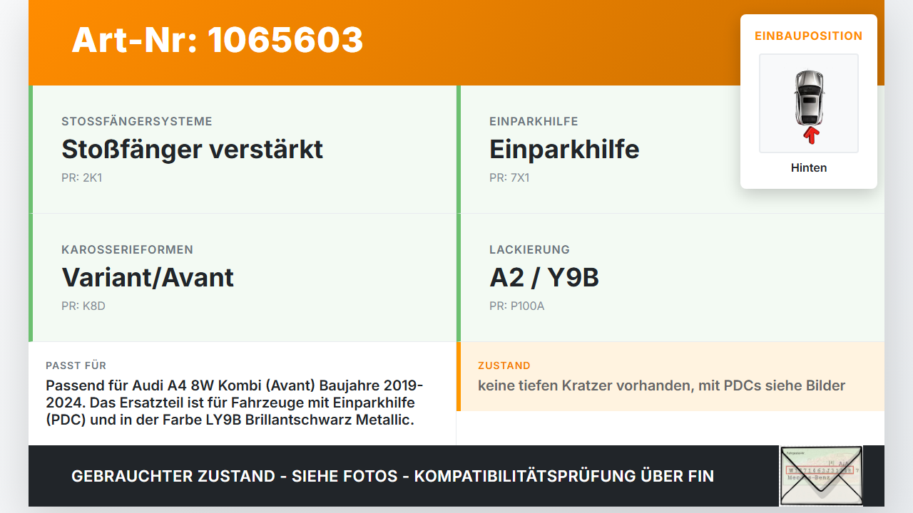 Audi A4 8W 19-24 Kombi Stoßstange Stoßfänger Heckstosstange Hinten LY9B Audi A4 8W 19-24 27.01.2020 gebraucht Vorschau 3