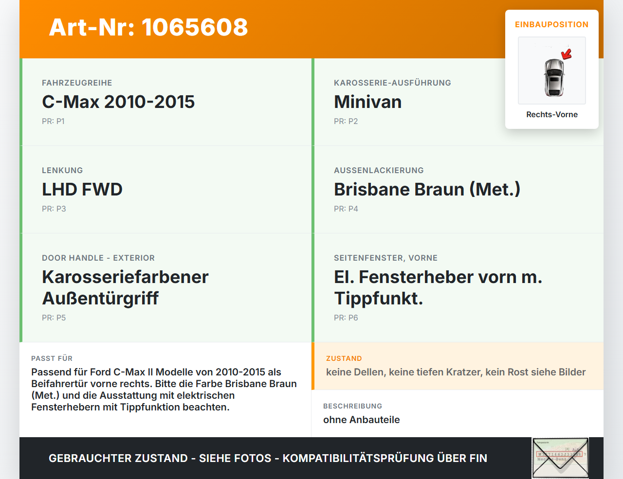 Ford C-max II 10-15 Tür Beifahrertür Rechts Vorne         VA Ford C-max II 10-15 13.02.2012 gebraucht Vorschau 3