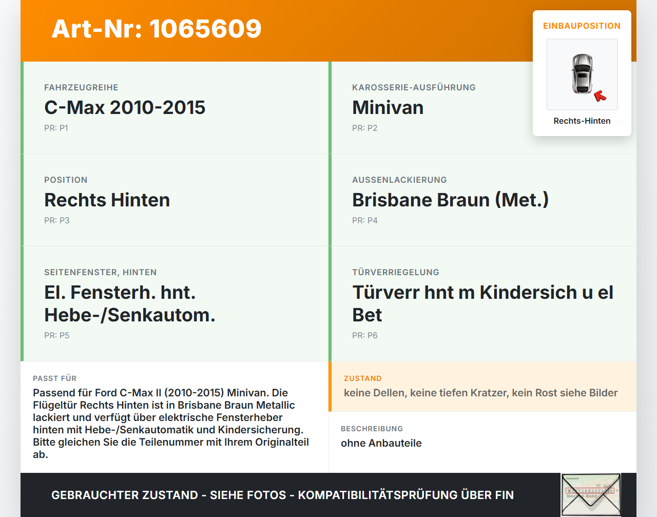 Ford C-max II 10-15 Tür Rechts Hinten         VA Ford C-max II 10-15 13.02.2012 gebraucht Vorschau 3