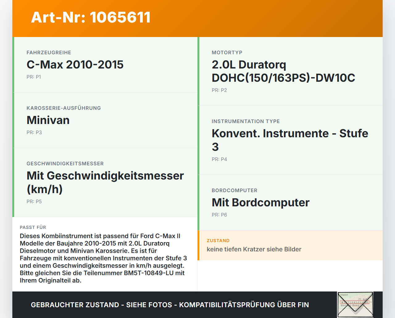 Ford C-max II 10-15 2,0 120KW Kombiinstrument Tacho Ford C-max II 10-15 13.02.2012 BM5T-10849-LU BM5T-14C226-BE... Vorschau 3