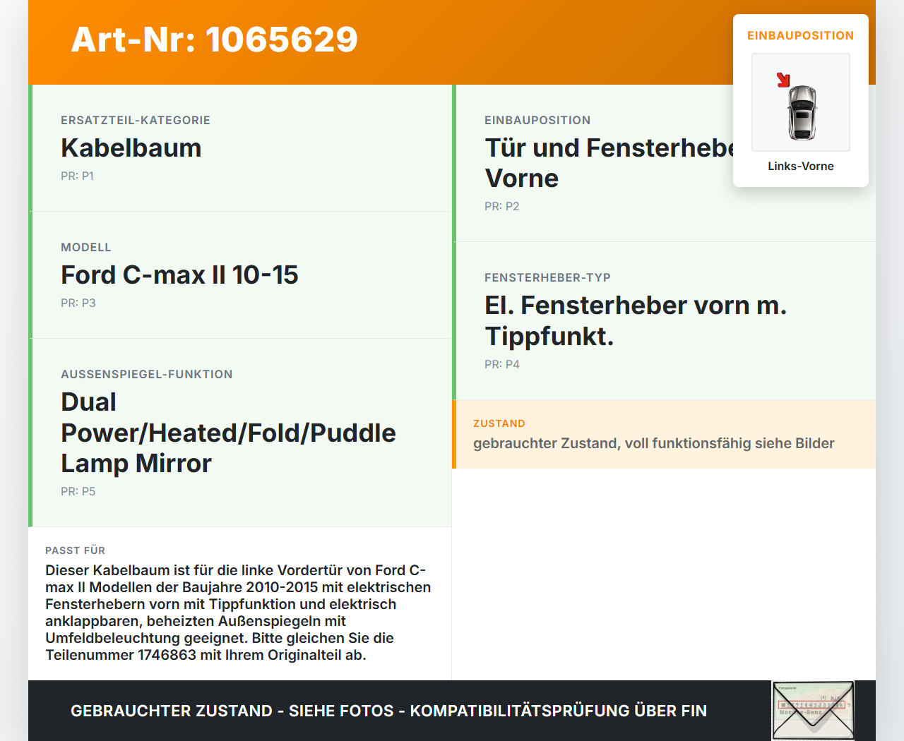 Ford C-max II 10-15 Kabelbaum Tür und Fensterheber Links Vorne Ford C-max II 10-15 13.02.2012 AV6T-14A584-APG gebraucht Vorschau 3