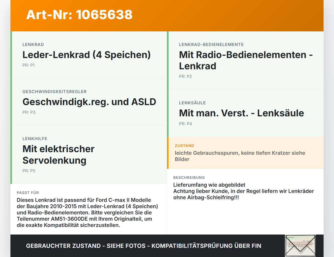 Ford C-max II 10-15 Lenkrad Ford C-max II 10-15 13.02.2012 AM51-3600DE AM51-R042B85-BEW AM513600DE-3ZHE gebraucht Vorschau 3