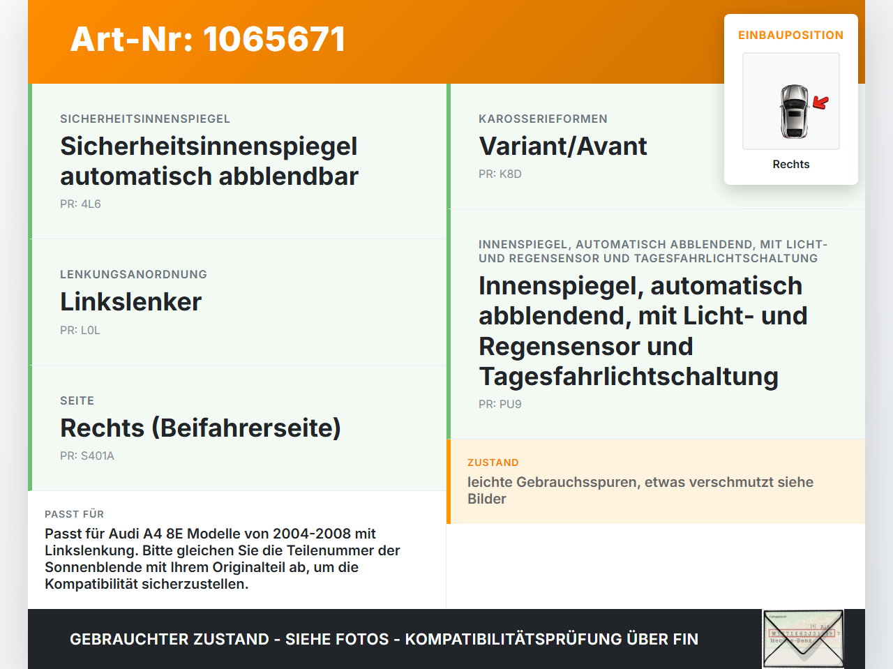 Audi A4 8E 04-08 Sonnenblende Rechts Beifahrerseite Audi A4 8E 04-08 12.09.2005 gebraucht Vorschau 3