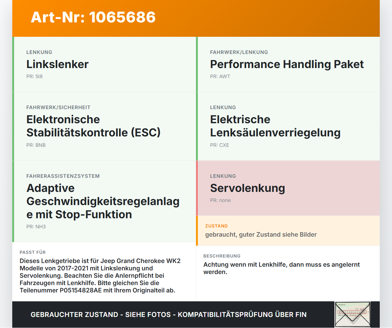 Jeep Grand Cherokee WK2 17-21 Lenkgetriebe Servolenkung Jeep Grand Cherokee WK2 17-21 16.09.2016 P05154828AE... Vorschau 3
