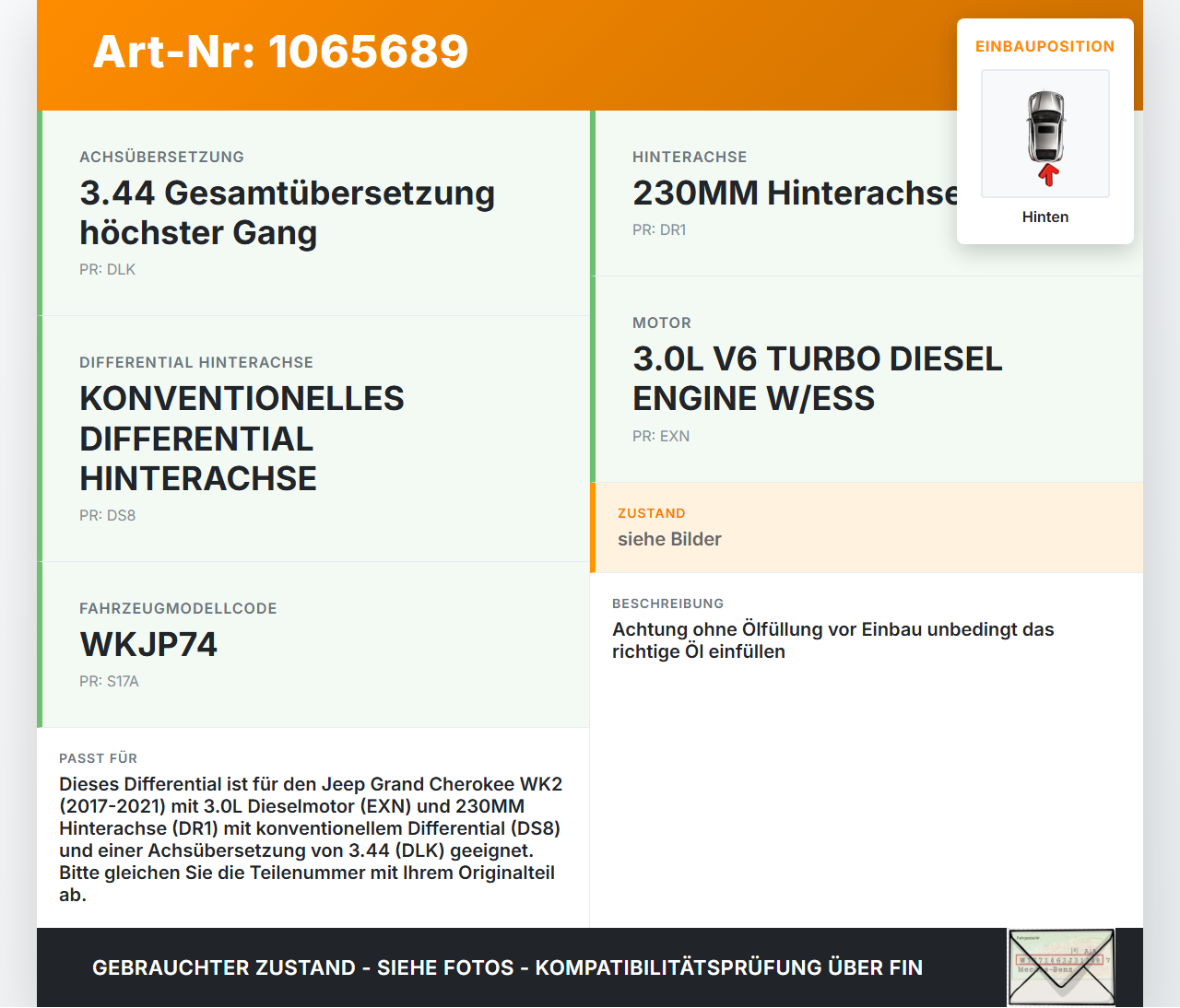 Jeep Grand Cherokee WK2 17-21 3,0d 184KW 4WD Differential Hinterachsgetriebe Hinten 3.45 Jeep Grand Cherokee WK2... Vorschau 3