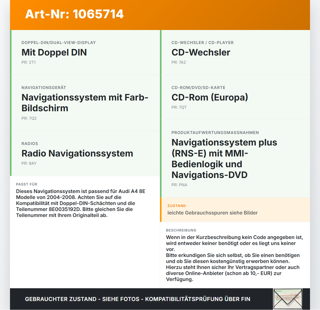 Audi A4 8E 04-08 Navigationssystem Navi BNO881 Audi A4 8E 04-08 12.09.2005 8E0035192D 86113-60V330 gebraucht Vorschau 3