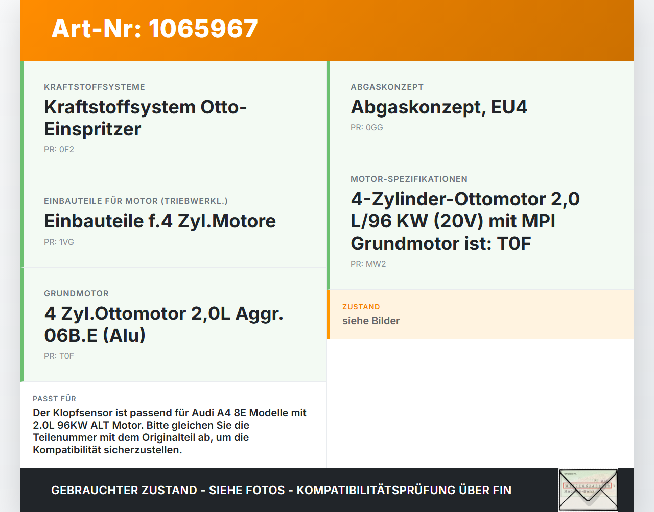 Audi A4 8E 04-08 2,0 96KW Sensor Klopfsensor Audi A4 8E 04-08 12.09.2005 gebraucht Vorschau 3