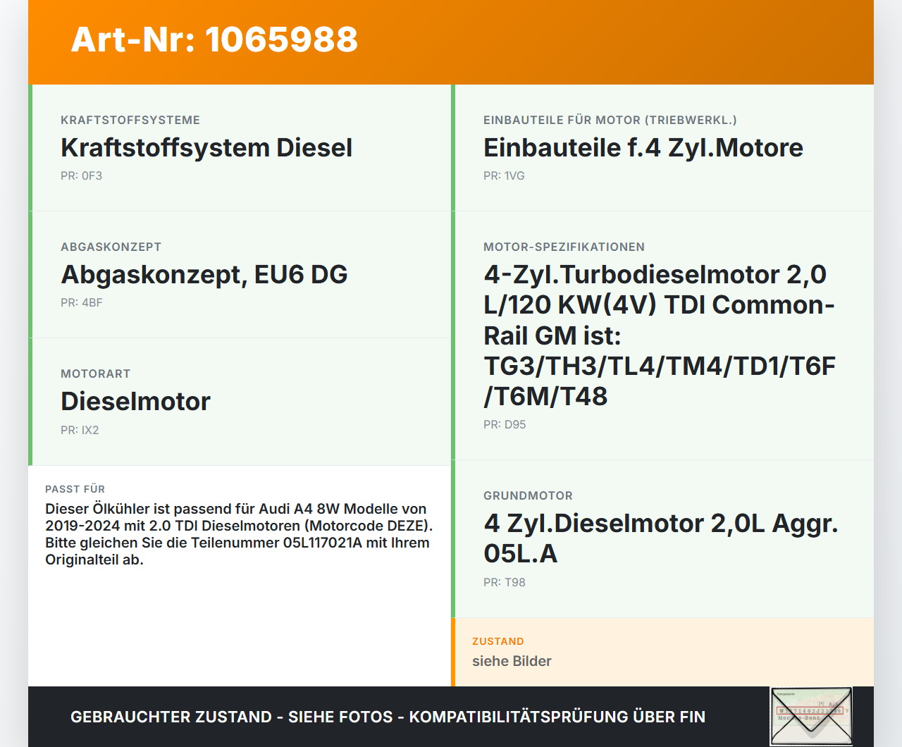 Audi A4 8W 19-24 TDI 2,0 Ölkühler Audi A4 8W 19-24 27.01.2020 05L117021A 05L117VL2 gebraucht Vorschau 3