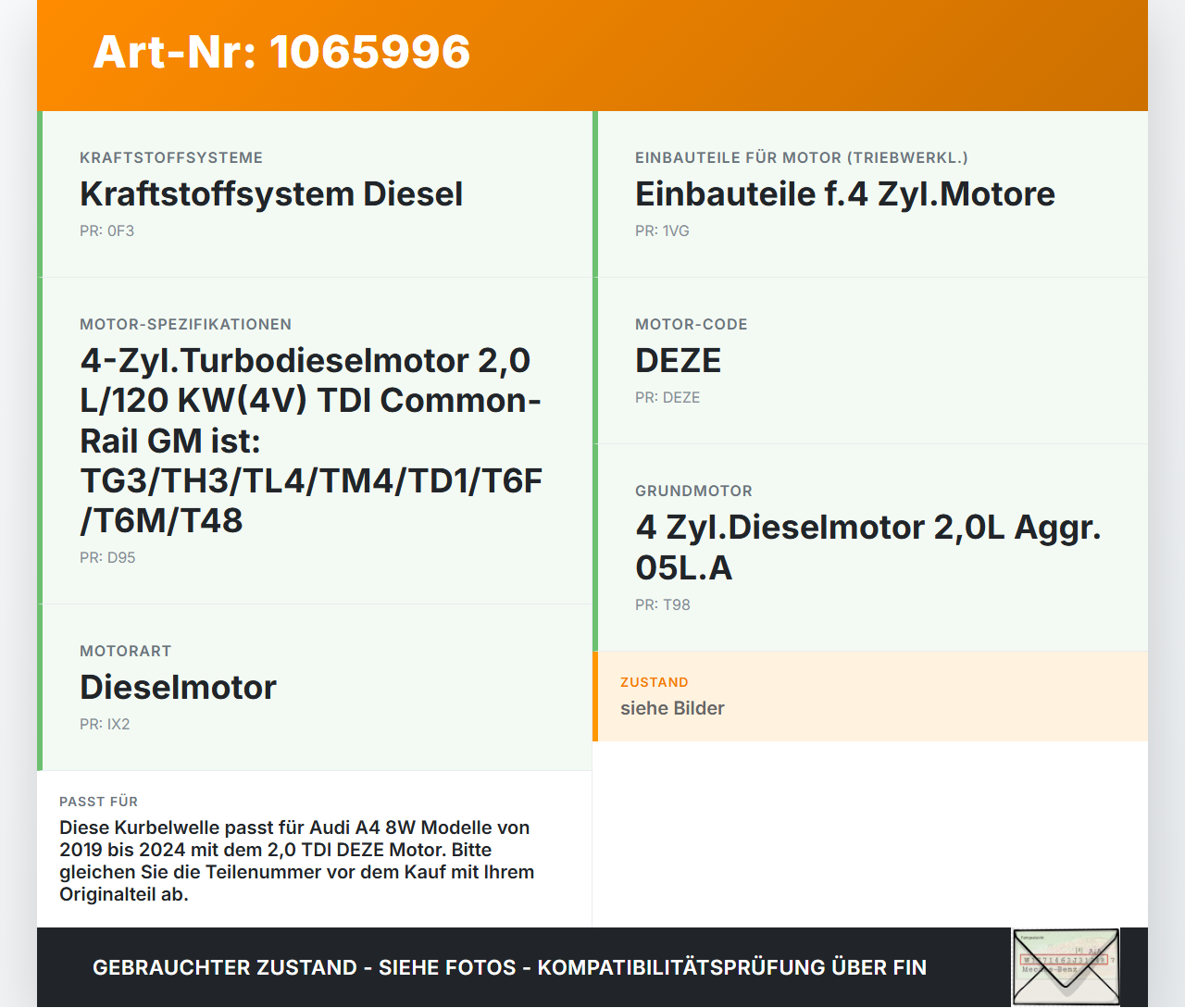 Audi A4 8W 19-24 TDI 2,0  DEZE Kurbelwelle Audi A4 8W 19-24 27.01.2020 gebraucht Vorschau 3