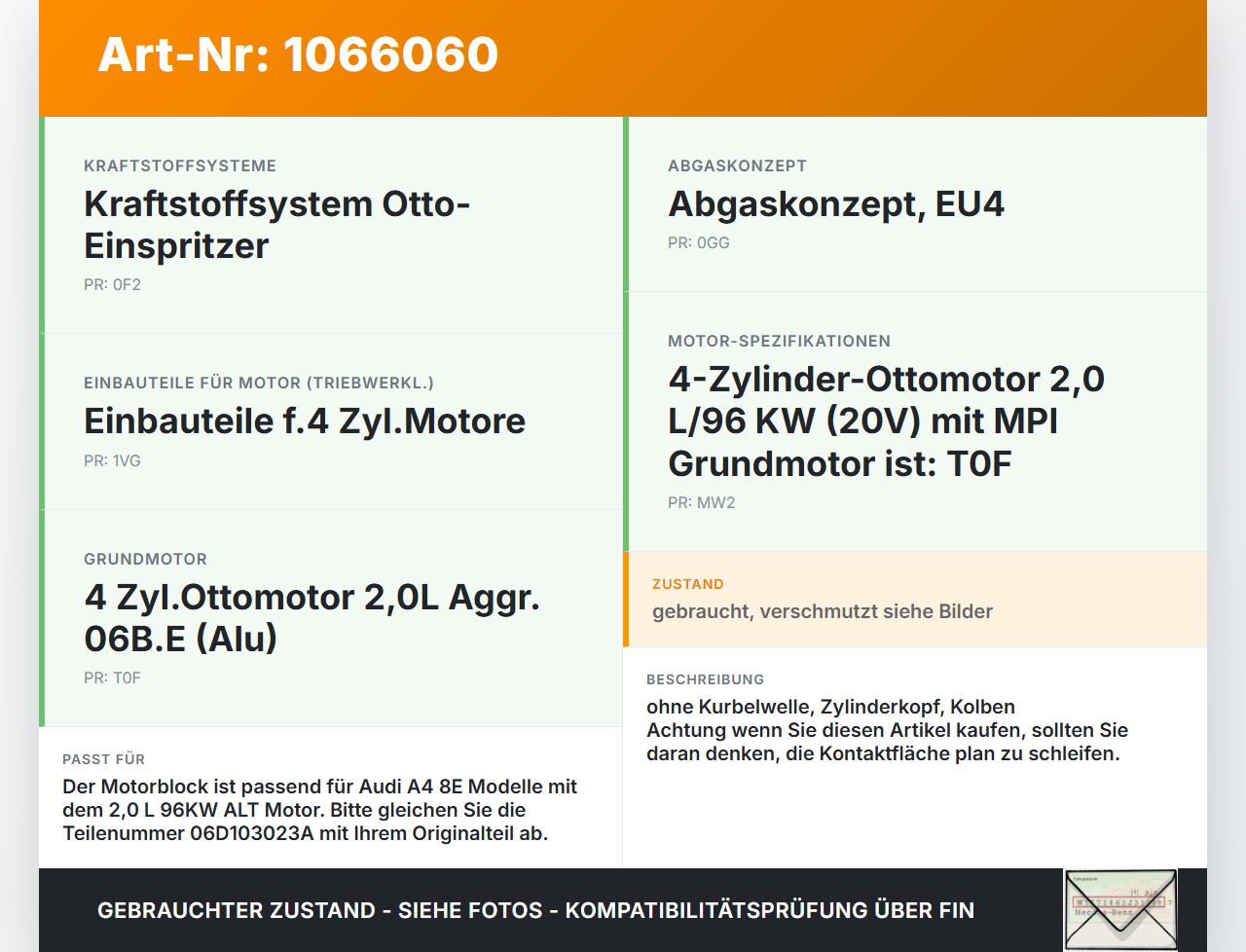Audi A4 8E 04-08 2,0 96KW ALT Motorblock für Motor Audi A4 8E 04-08 12.09.2005 06D103023A gebraucht Vorschau 3